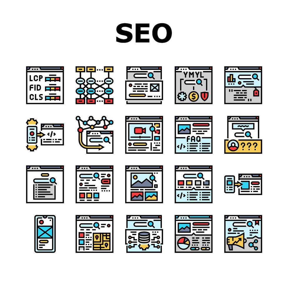 SEO Digital Optimierung Strategie Symbole einstellen Vektor