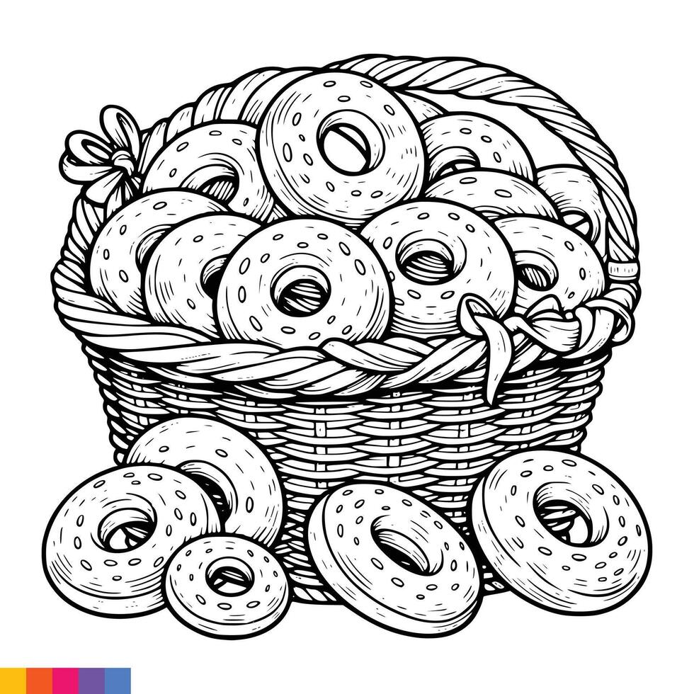 Bäckerei Korb. Bäckerei Essen Hand gezeichnet Linie Kunst Illustration zum das Färbung Buch. Essen Linie Kunst zum ein Färbung Buchseite. Jahrgang skizzieren Vektor Grafik.