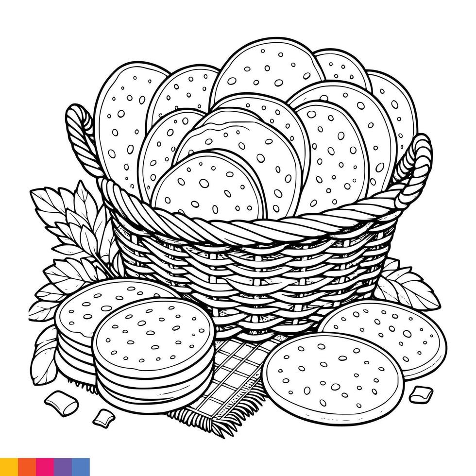 bageri korg. bageri mat hand dragen linje konst illustration för de färg bok. mat linje konst för en färg sida. årgång skiss vektor grafik.