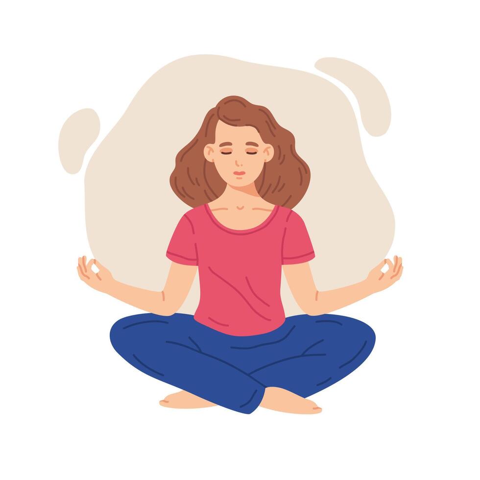 mediterar flicka. kvinna lugnad karaktär i yoga lotus hållning, påfrestning lättnad och meditation öva platt vektor illustration uppsättning. friska livsstil meditation tecknad serie begrepp