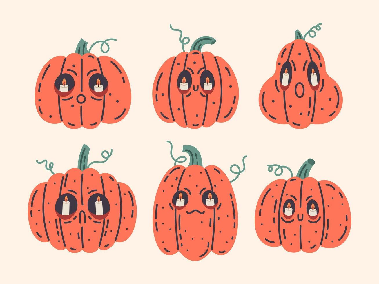 Halloween gespenstisch Kürbis Herbst Figuren. Hand gezeichnet unheimlich fallen Ernte Kürbisse, Vektor Halloween Gemüse Zeichen einstellen