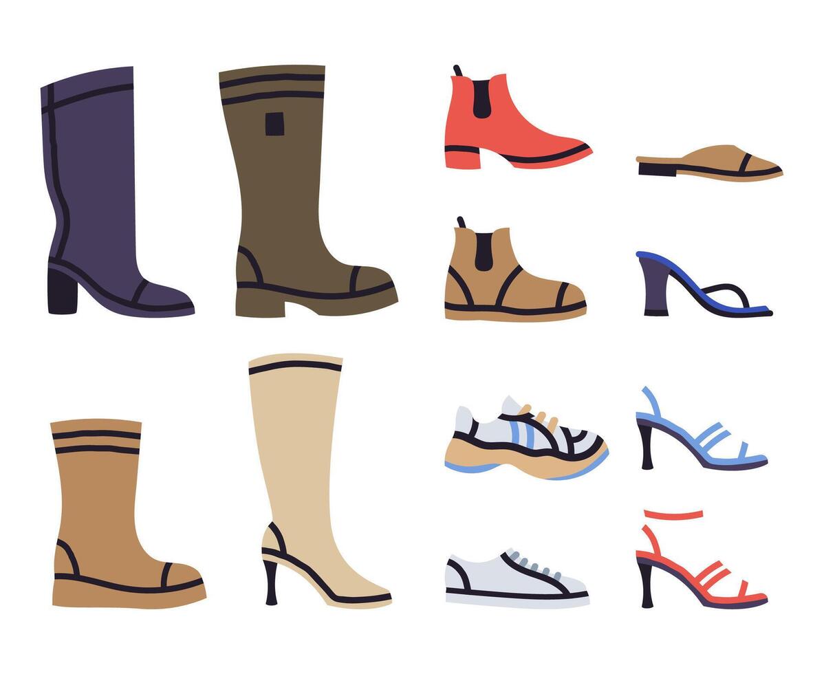 Mode weiblich Schuhe, Stiefel, Turnschuhe, Sandalen. Gekritzel beiläufig Damen Schuhwerk, modern Vektor Illustration Satz. Karikatur stilvoll Schuhe