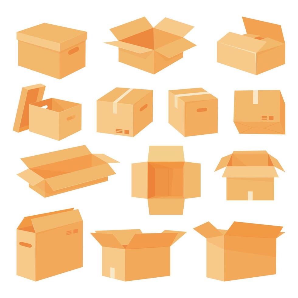 leverans lådor. tecknad serie kartong leverans låda, öppen och stängd frakt paket, paket lådor platt vektor illustration uppsättning. kartong lådor samling