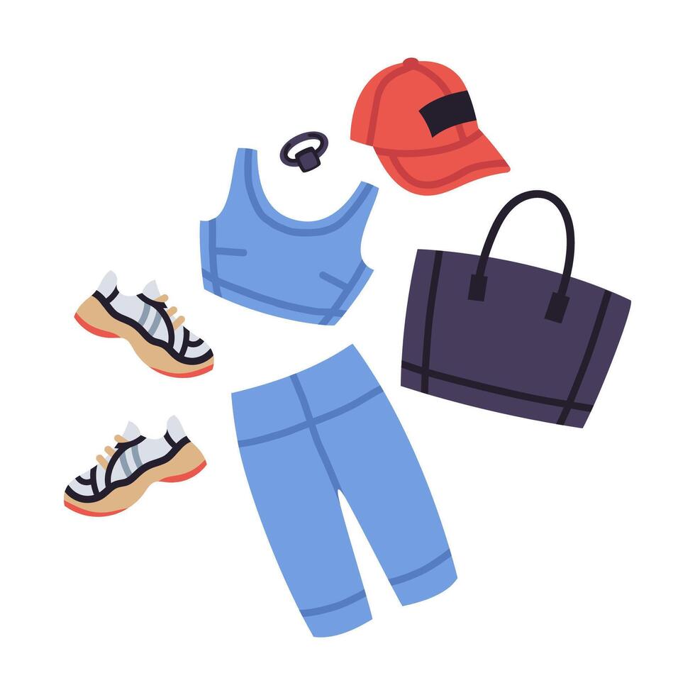 weiblich Fitness Outfit. modisch beiläufig Sport sehen, BH, Fahrrad kurze Hose, Turnschuhe und Baseball Hut eben Vektor Illustration. Fitness oder Yoga Kleiderschrank Kleider