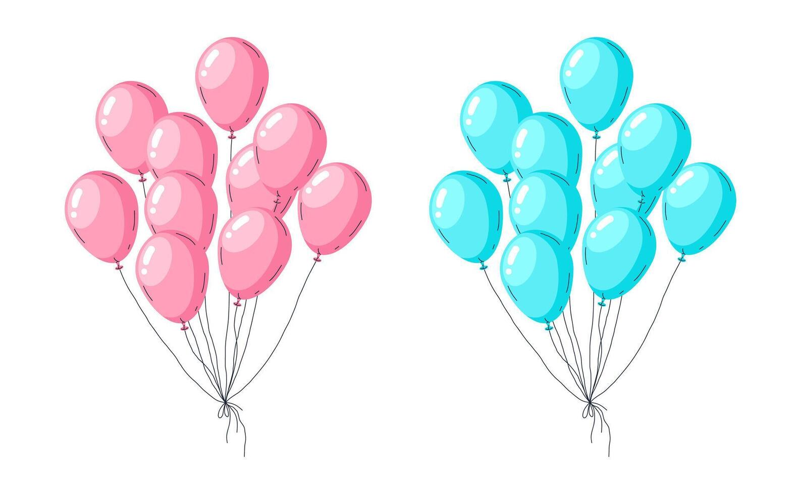 Baby Geschlecht Party Luftballons. Hand gezeichnet Rosa und Blau Luftballons Bündel, süß glänzend Baby Dusche Luftballons Dekorationen eben Vektor Illustration Satz. Geschlecht verraten Party Luftballons Dekor