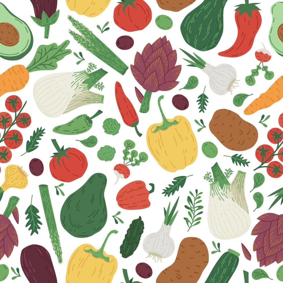 klotter grönsaker, avokado, morot, tomater sömlös mönster. hand dragen organisk grönsaker, vegetarian meny peppar, lök och potatis vegetarian mat vektor mönster