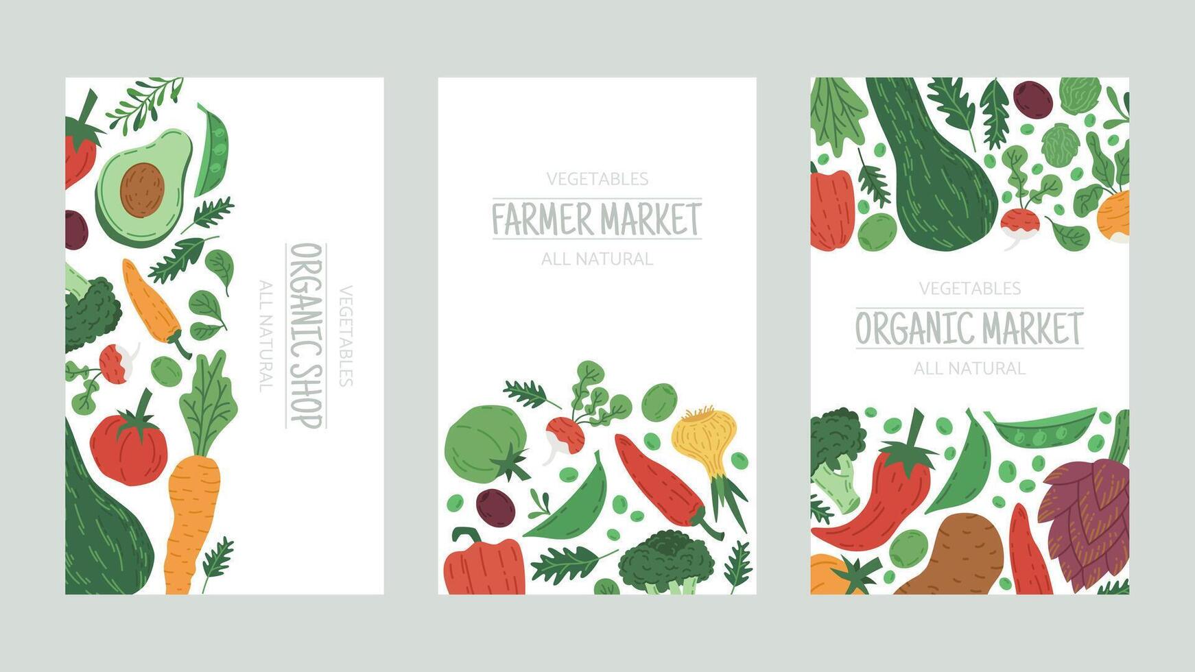 Gemüse Bauernhof Markt Essen Gekritzel Banner. Tomate, Pfeffer, Rote Beete und Rettich gesund Vegetarier Essen Plakate Karikatur Vektor Illustration. Farmer organisch Gemüse Geschäft Karten