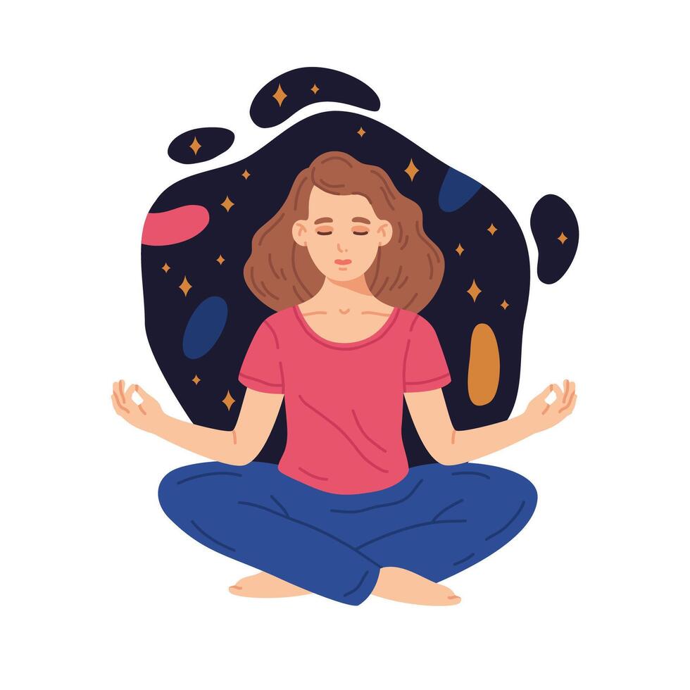 Söt mediterar flicka. klotter karaktär mediterar i yoga lotus utgör, lugn, lugna och meditation begrepp. tecknad serie lugnad mediterar kvinna platt vektor illustration