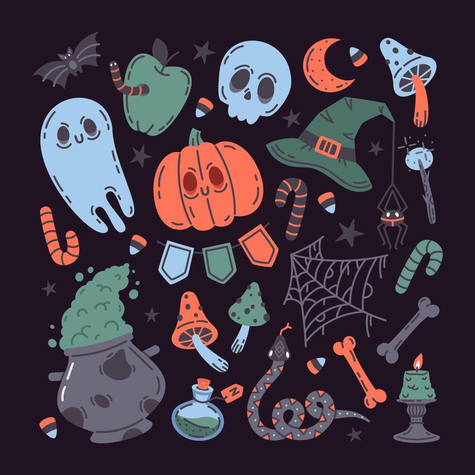 Hand gezeichnet Halloween gespenstisch Symbole. fallen Ferien Elemente, Kürbis, Schädel, Gift, Geist, Hexe Kessel und Magie Zauberstab. Gekritzel unheimlich Herbst Vektor Symbole einstellen