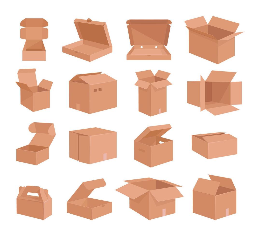 kartong leverans lådor. kartong lådor, öppen och stängd frakt paket, paket leverans lådor platt vektor illustration uppsättning. brun kartong låda samling