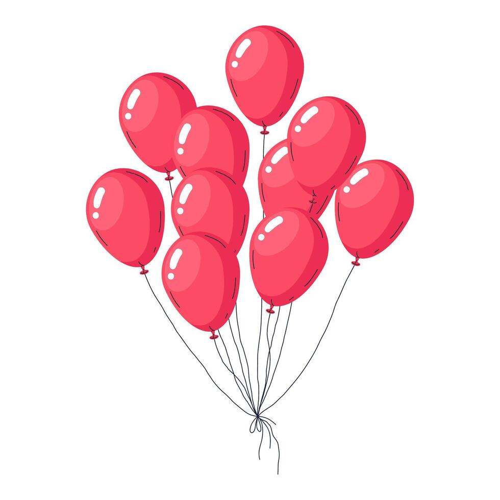 helium röd ballonger. röd luft ballong knippa, Lycklig födelsedag luft ballonger dekorationer, glansig flygande ballonger platt vektor illustration. högtider firande dekor