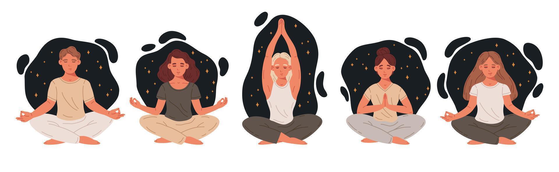 meditieren Personen. Mann und Frau im Yoga Lotus Pose, Meditation trainieren und Stress Linderung eben Vektor Illustration Satz. Meditation und Atem Übung