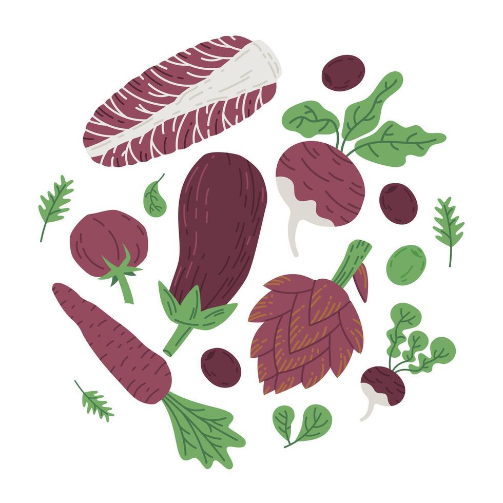 Gekritzel lila Gemüse. gesund Lebensstil Gekritzel Gemüse, Aubergine, Karotte, Kohl, Rote Beete und Artischocke. Vegetarier organisch Essen Hand gezeichnet Vektor Symbole einstellen