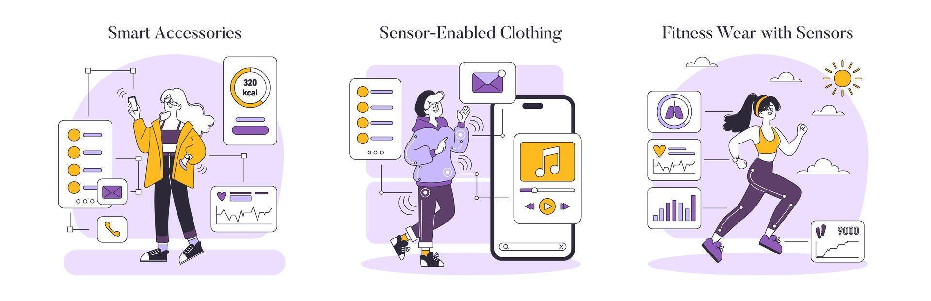 teknikinfunderad mode uppsättning. visa upp wearable teknologi med smart Tillbehör, sensorinbäddad Kläder, och kondition redskap för en ansluten livsstil. vektor illustration