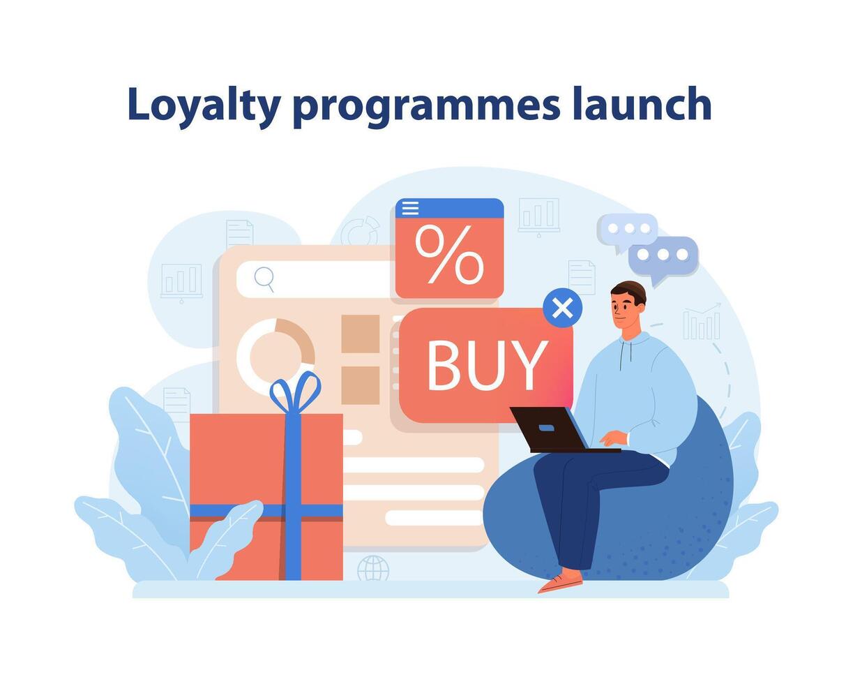 kund lojalitet program lansera. illustration av en marknadsföring expert- initierar belöningsbaserad lojalitet. vektor