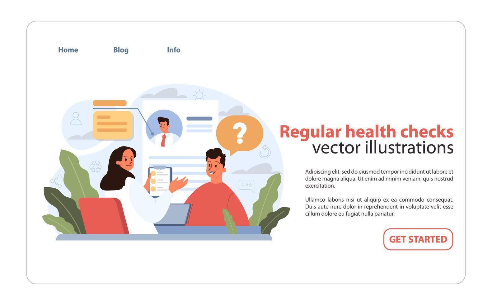 regulär Gesundheit prüft visuell. ein freundlich Beratung Szene mit ein Arzt. vektor