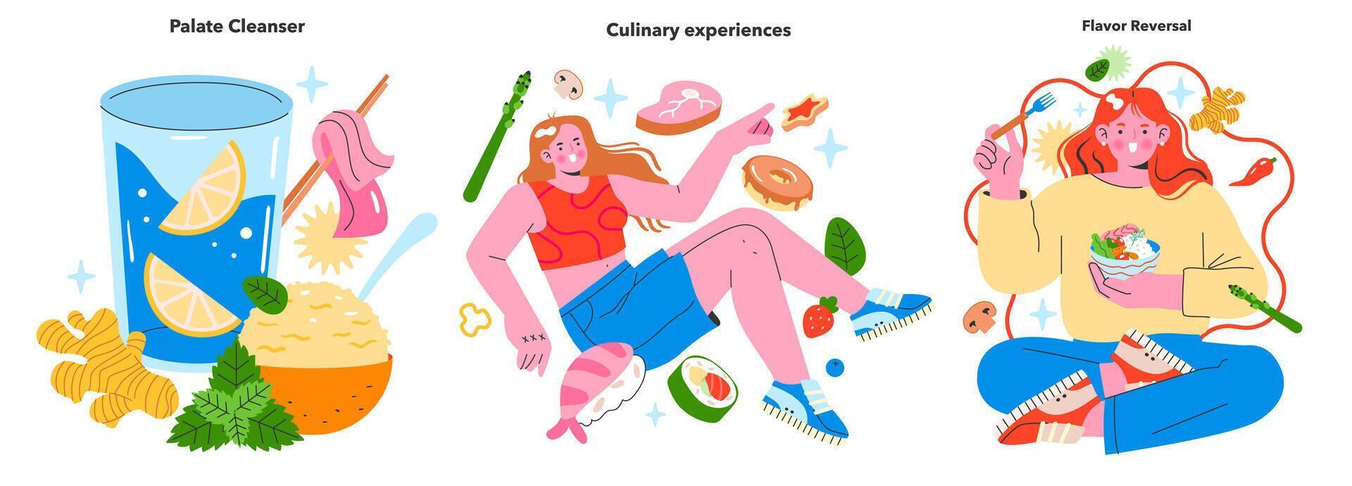 gastronomisch Abenteuer Satz. feiern das Kunst von Geschmack Reinigung, erkunden kulinarisch Erfahrungen, und das spielerisch Konzept von Geschmack Umkehrung. Vektor Illustration zum Feinschmecker