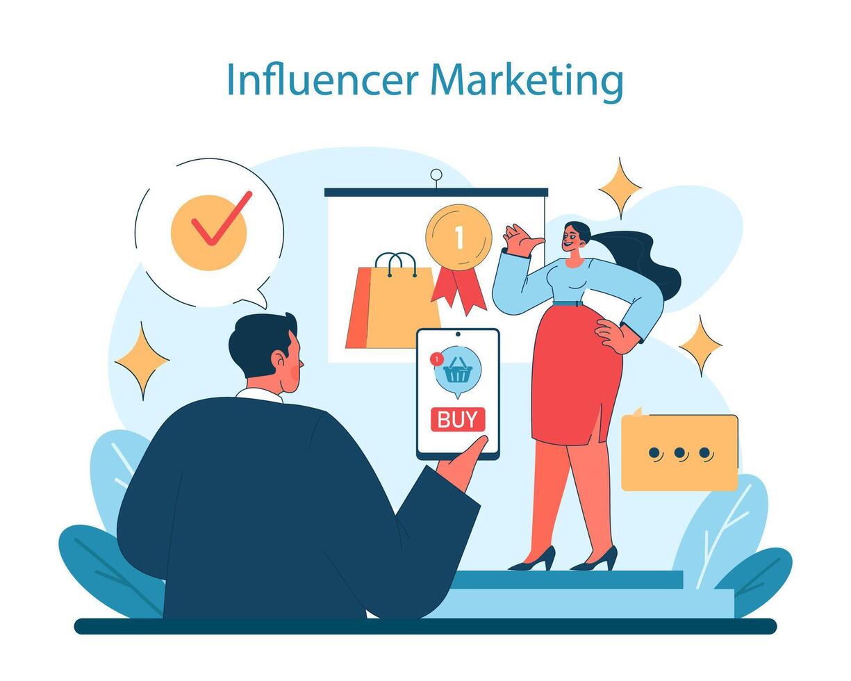 Influencer Marketing Konzept Illustration. Vitrinen das Leistung von Sozial Medien vektor