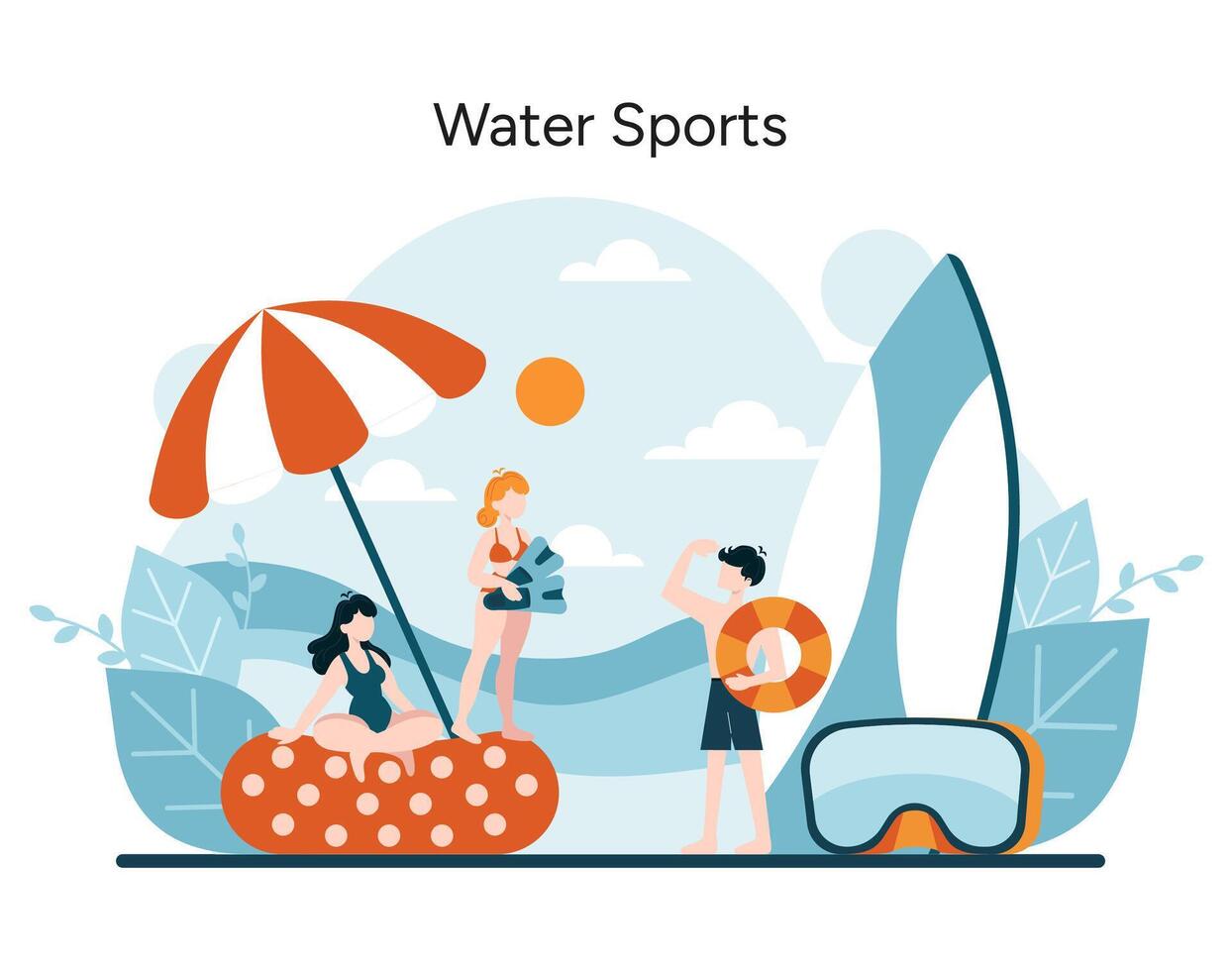 vibrerande tecken delta i strandnära aktiviteter, skildrar de spänning av vatten sporter under de sommar Sol vektor