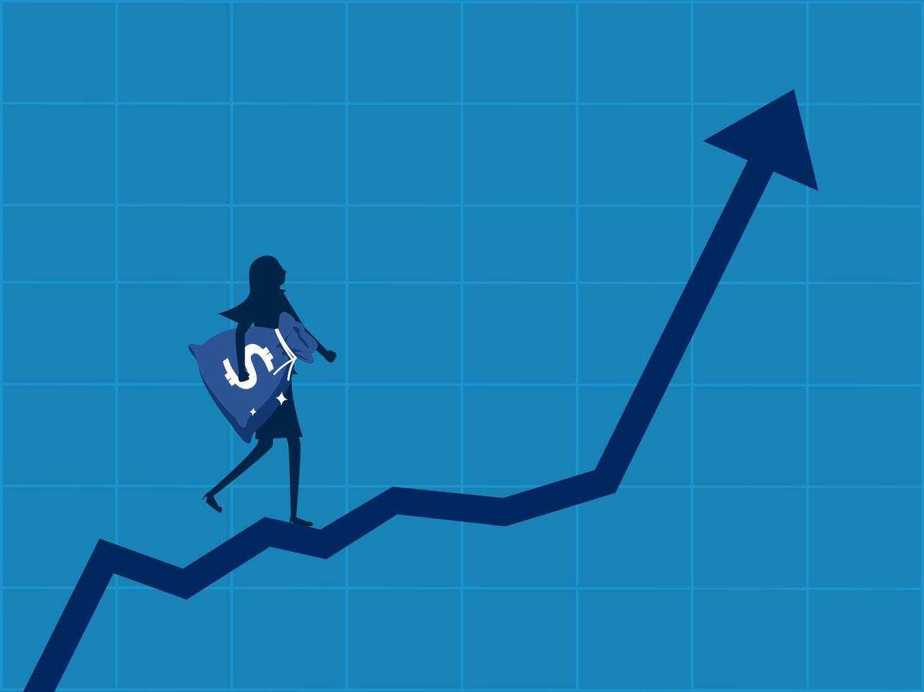 profitieren planen. Geschäftsfrau halten ein Tasche von Geld Gehen auf ein wachsend Graph vektor