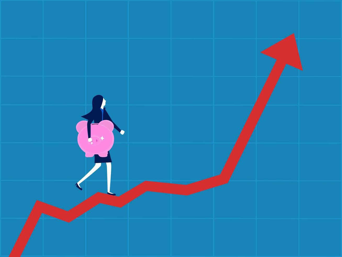 Investition Strategie. Geschäftsfrau halten ein Schweinchen Bank Gehen auf ein steigend Graph vektor