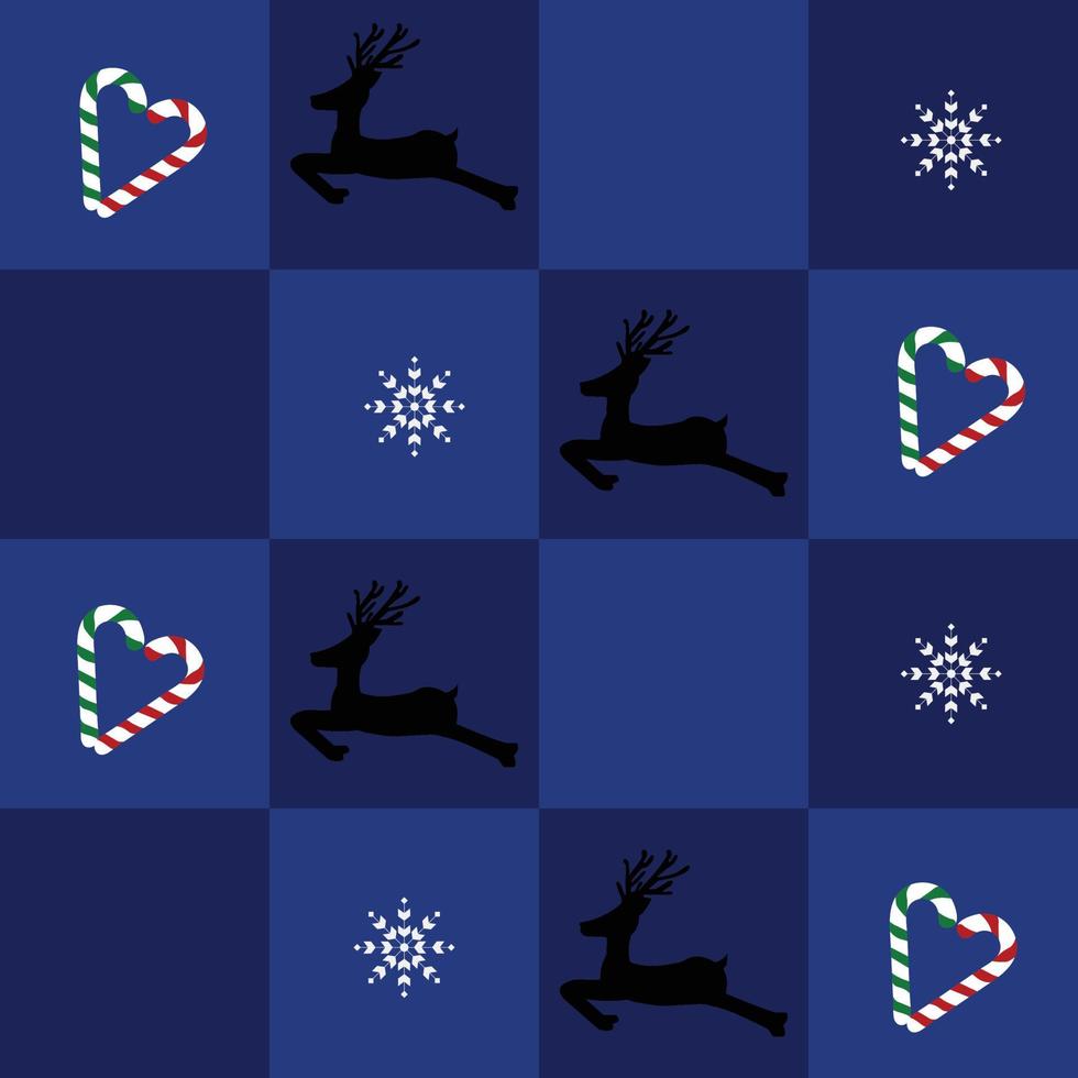 nahtloses Muster. Frohe Weihnachten und ein glückliches Neues Jahr. auf blauem Hintergrund des Schachbretts. Rentiersilhouette, Zuckerstange und Schneeflocken wurden auf einem quadratischen Raster verziert. Illustrationskunstdesign. vektor