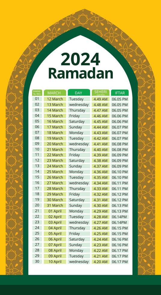 Ramadan kareem zeitliche Koordinierung Kalender imsakia Ramadan Zeitplan zum Gebet mal im Ramadan Planer vektor