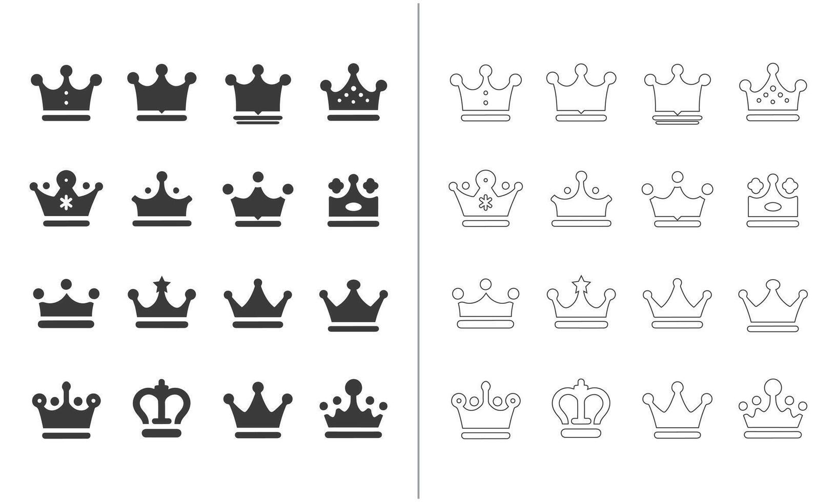 ein Sammlung von Krone Symbole Darstellen Könige und Königinnen, verfügbar im beide solide und umrissen Stile vektor