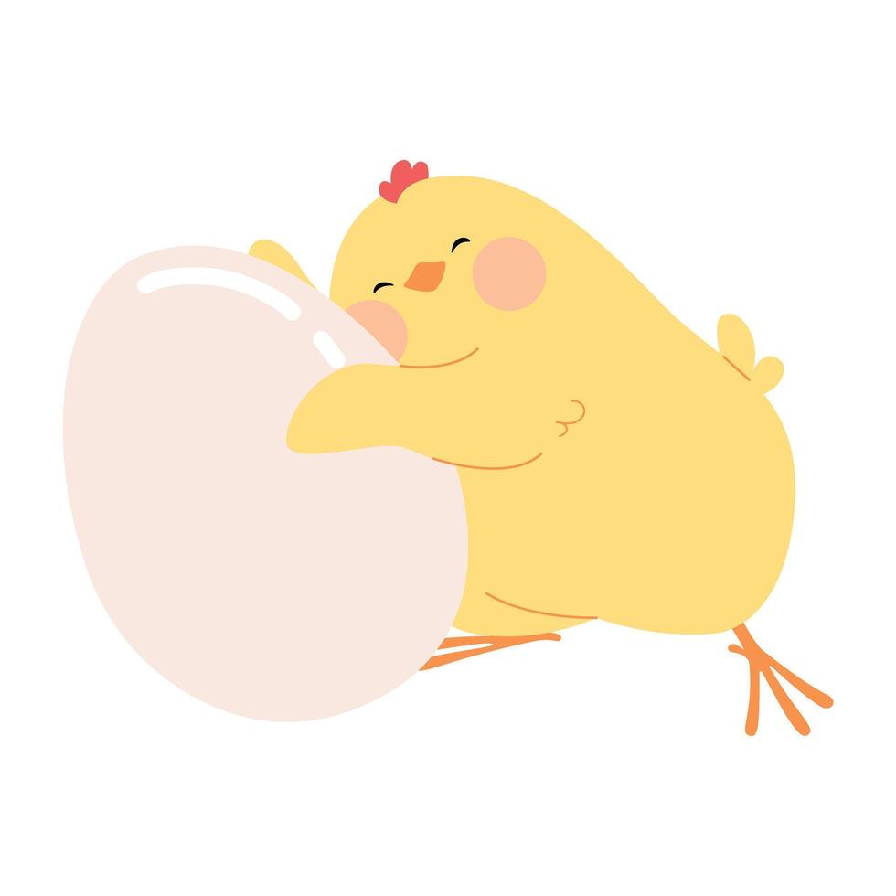süß Karikatur wenig Küken umarmen ein Ei. Gelb Ostern Hähnchen komisch Nestling Charakter. Vektor Illustration isoliert auf ein Weiß Hintergrund zum Ostern Karten, Banner, und Aufkleber.