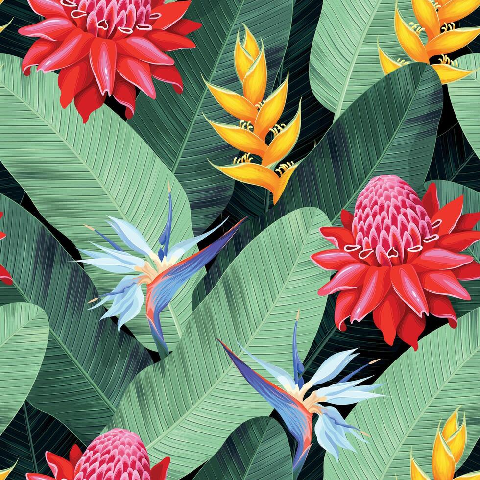 Vektor nahtlos Muster mit tropisch Blumen und Palme Blätter