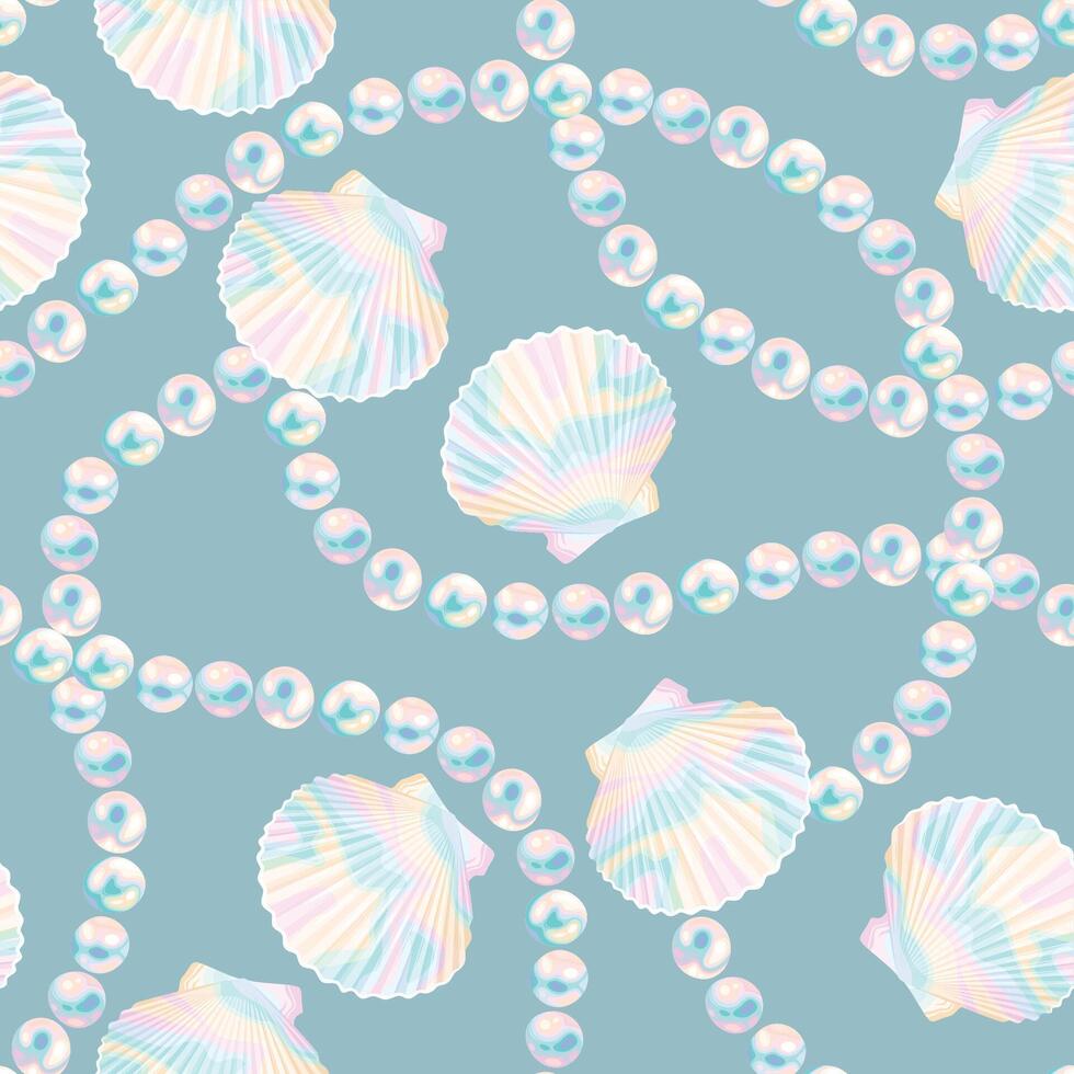 Vektor nahtlos Muster mit Zeichenfolge von Perlen und Muscheln auf Pastell- Blau Hintergrund