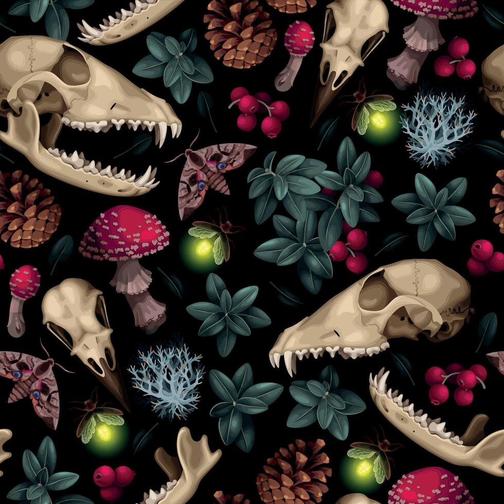 Vektor nahtlos Muster mit Tier Schädel und Wald Flora auf schwarz Hintergrund