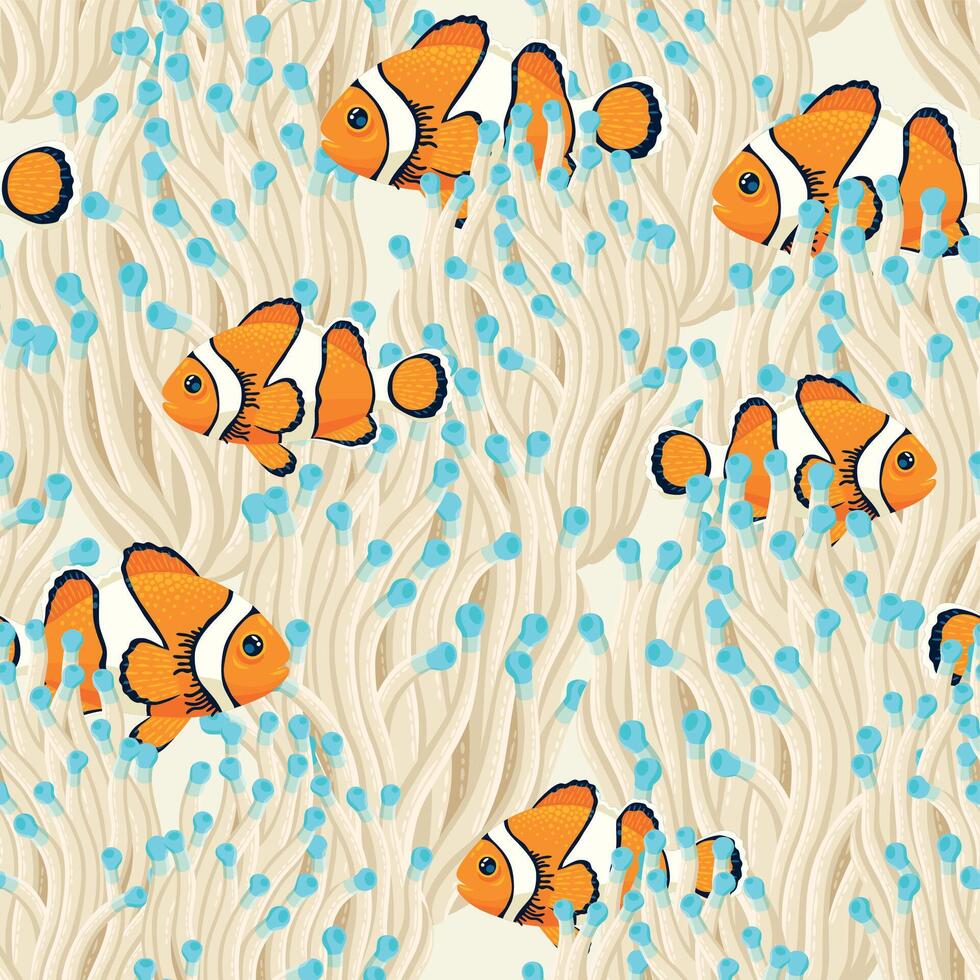 clown fisk och vit anemon vektor sömlös mönster