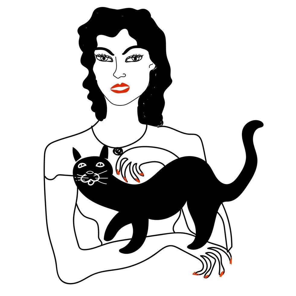 klotter stil teckning av en svarthårig kvinna häxa med en svart katt vektor