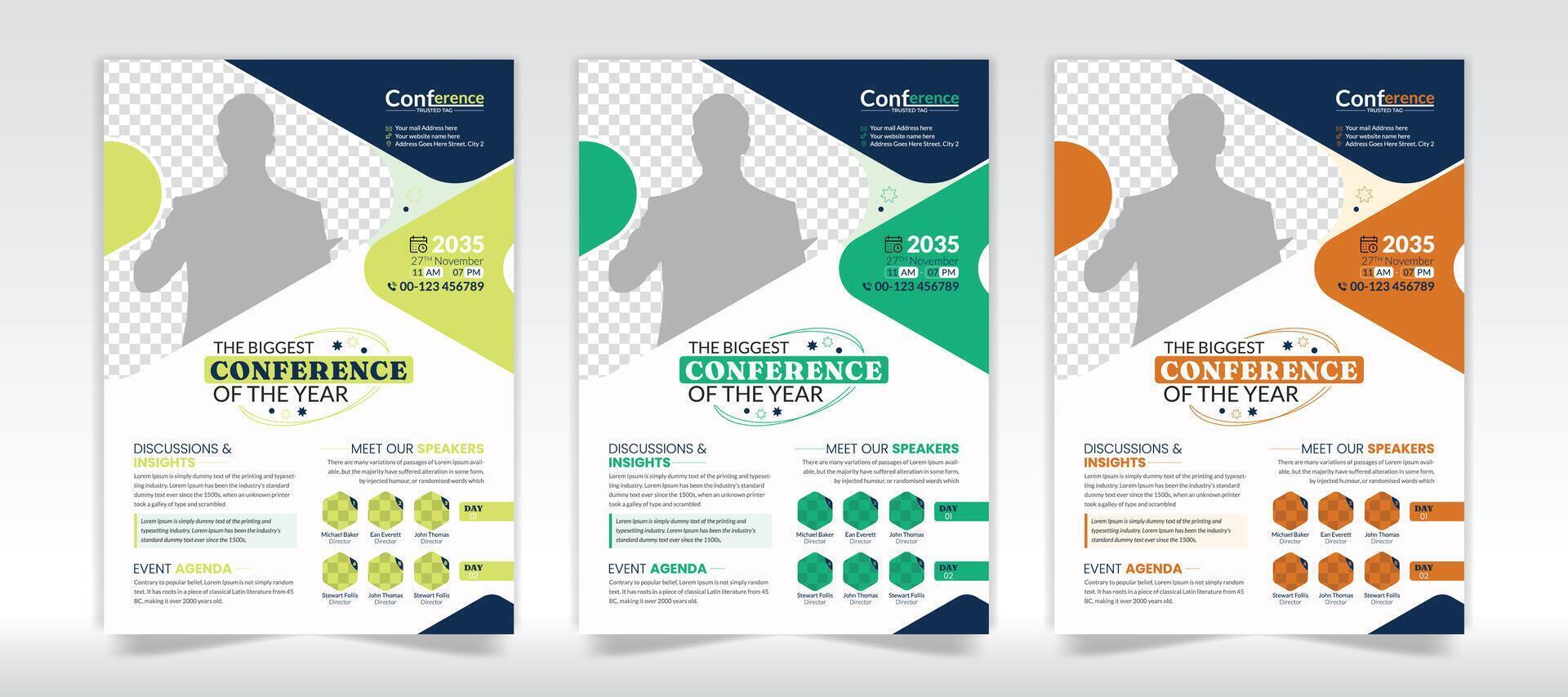 konferens flygblad design mall uppsättning, orange, grön konferens flygblad design vektor