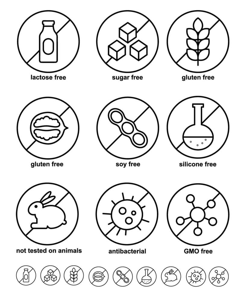 Allergen kostenlos Satz. Gluten frei, Laktose frei, Nein gentechnik, Zucker frei, nicht geprüft auf Tiere, antibakteriell, Silikon vektor