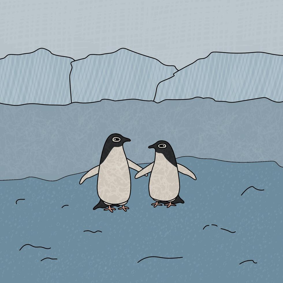 Adelie Pinguine in der Nähe von das Ozean und Eisberge. Vektor süß Karikatur Hand gezeichnet Illustration von das Tier im Antarktis. Polar- Gliederung Textur kindisch Illustration