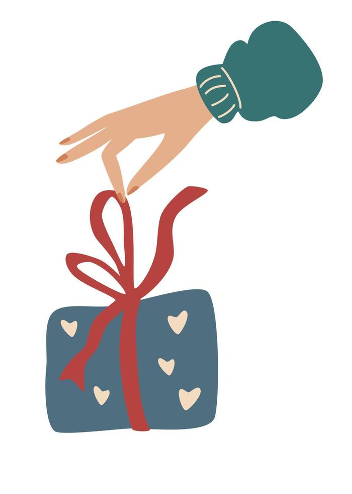 Weihnachtsgeschenkbox verpacken. Frauenhand löst ein Band an einem Geschenk. Postkarte für neues Jahr und frohe Weihnachten. Perfekt für Design-Grußkarten, Poster, Karten, Verpackungspapier-Design. Vektor