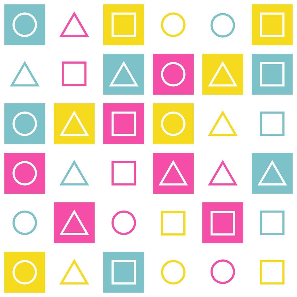 matchande par geometri spel minne träning. cirkel, triangel, fyrkantig kakel på rosa kricka gul vit bakgrund vektor