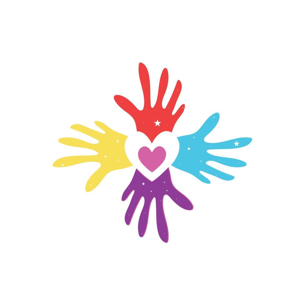 internationell autism medvetenhet dag logotyp. uppsättning av färgrik händer med vektor illustration av hjärta