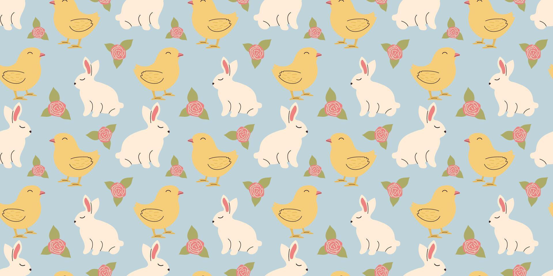 söt påsk mönster med kaniner, kycklingar och blommor i pastell färger. sömlös design i klotter stil. ändlös illustration med djur. vit kaniner med botanisk element på blå bakgrund vektor