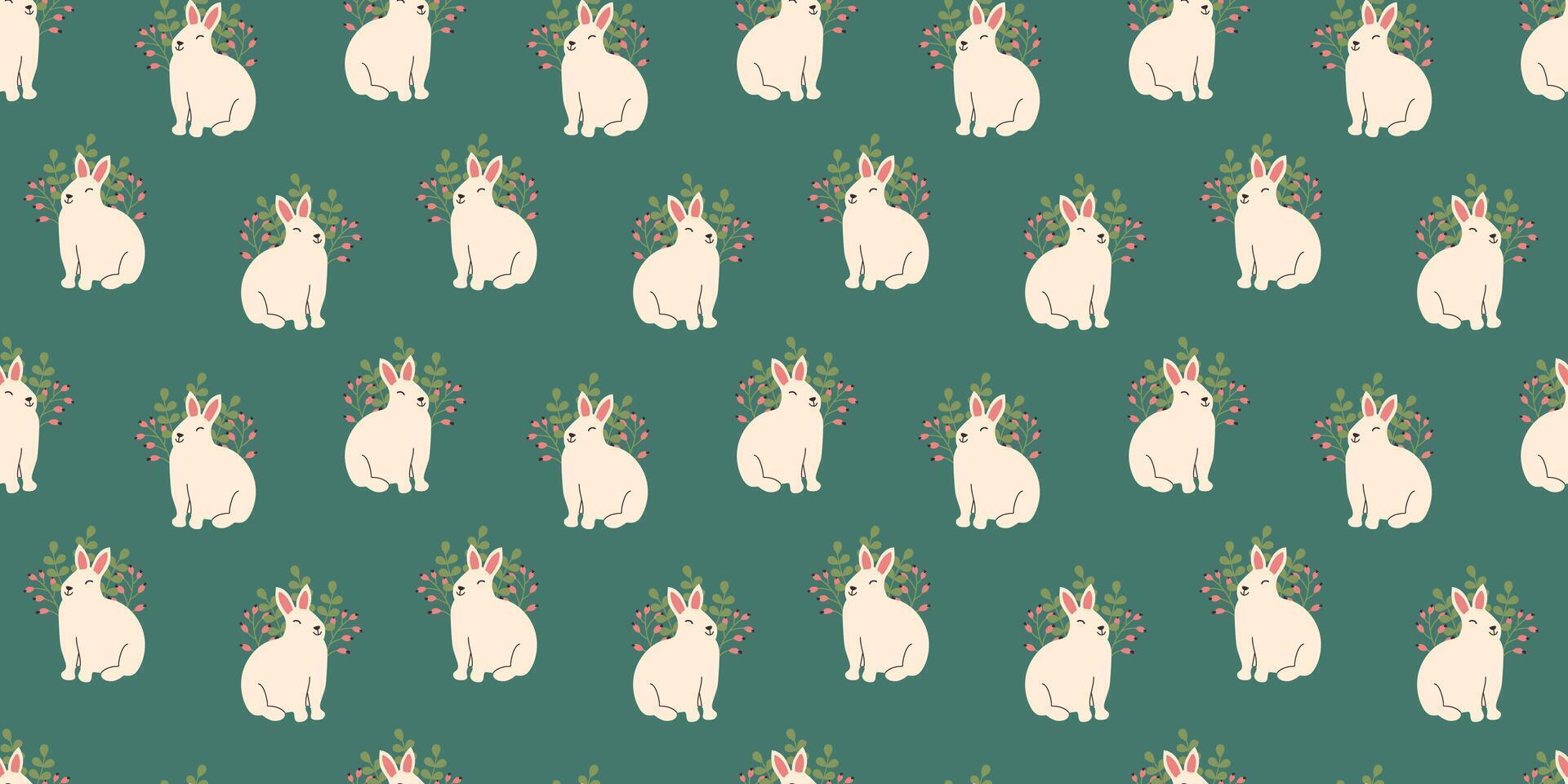 sömlös mönster av söt söt kanin med blommor och löv. springtime påsk vit kanin på blå bakgrund. hand dragen djur- ändlös design vektor