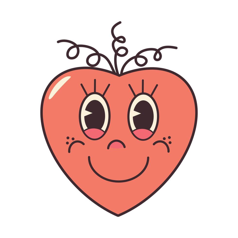 groovig Hippie Liebe Herz Aufkleber. komisch Karikatur Charakter Form. glücklich Valentinstag Tag Konzept. modisch retro 60er Jahre 70er Jahre Stil Emoji. y2k ästhetisch. romantisch Maskottchen mit Augen vektor