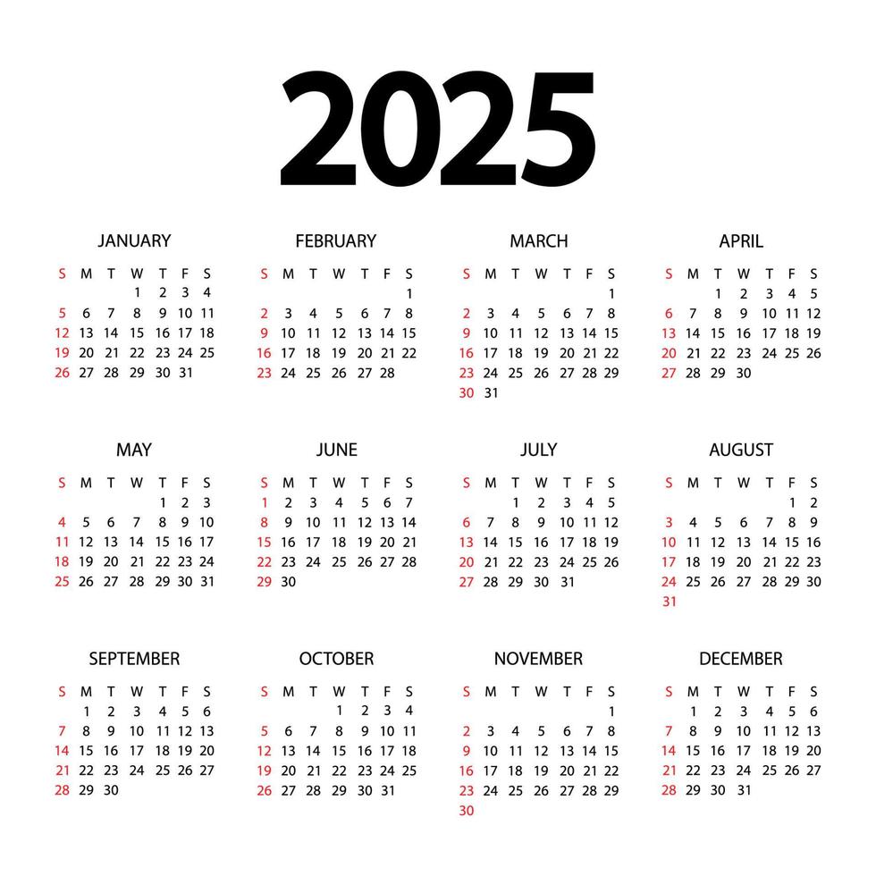 Kalendervorlage für das Jahr 2025. Planer Tagebuch im minimalistischen Stil. die Woche beginnt am Sonntag. Jahreskalender Vorlage. Mockup-Design in Schwarz-Weiß-Farben, Feiertage in roten Farben vektor