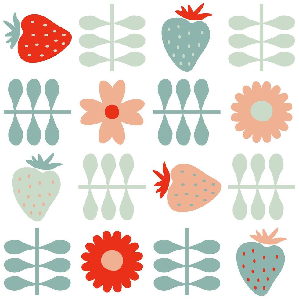 Frühling Muster mit Erdbeeren und Blumen im skandinavisch Stil. Blumen- drucken zum Papier, Stoff, Textil. Hand gezeichnet Vektor Illustration zum Dekor und Design.