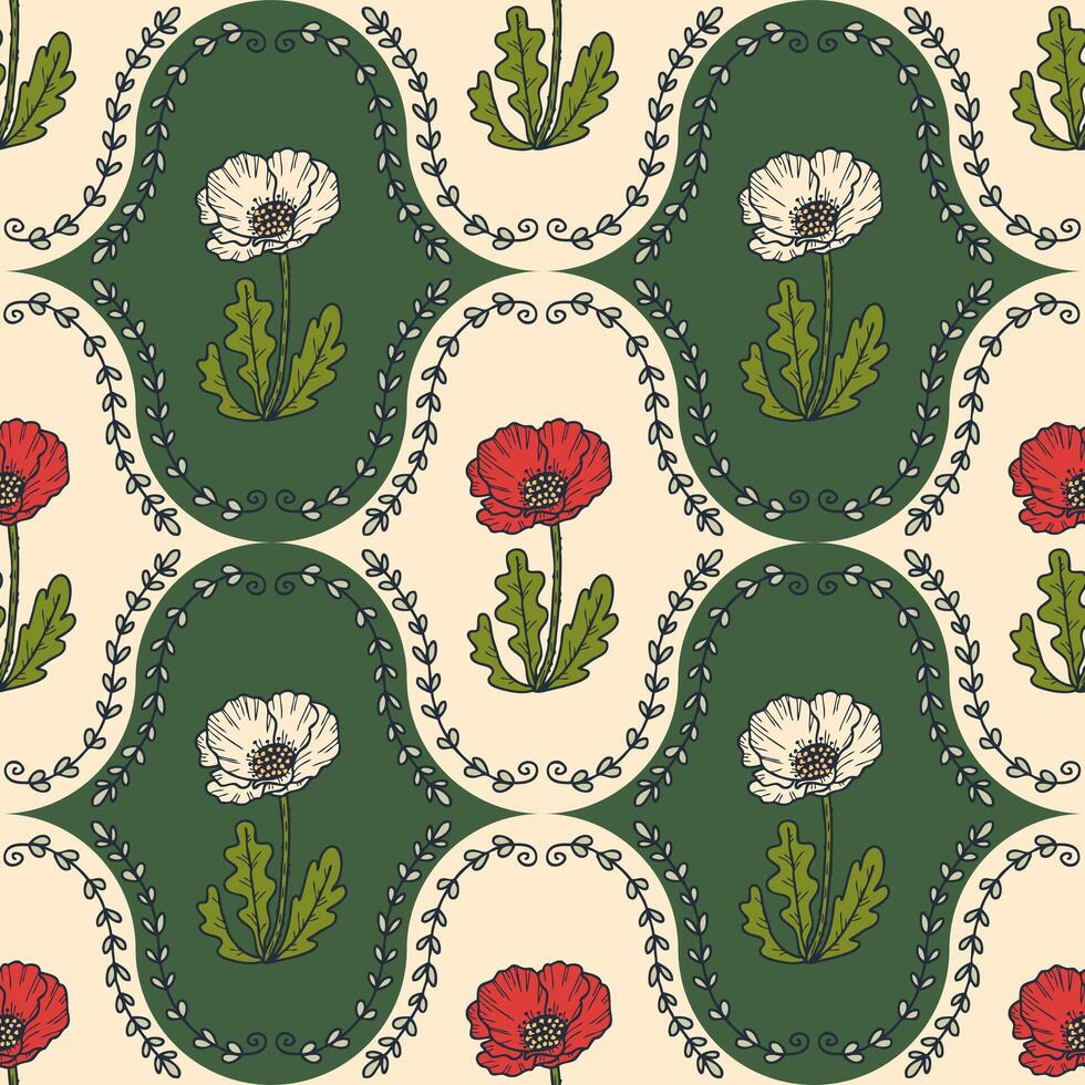 Damast Stil Mohn Blumen Pflanzen nahtlos Muster. hell Sommer- drucken zum Tee, Papier, Textil- und Stoff. Gekritzel Vektor Illustration.