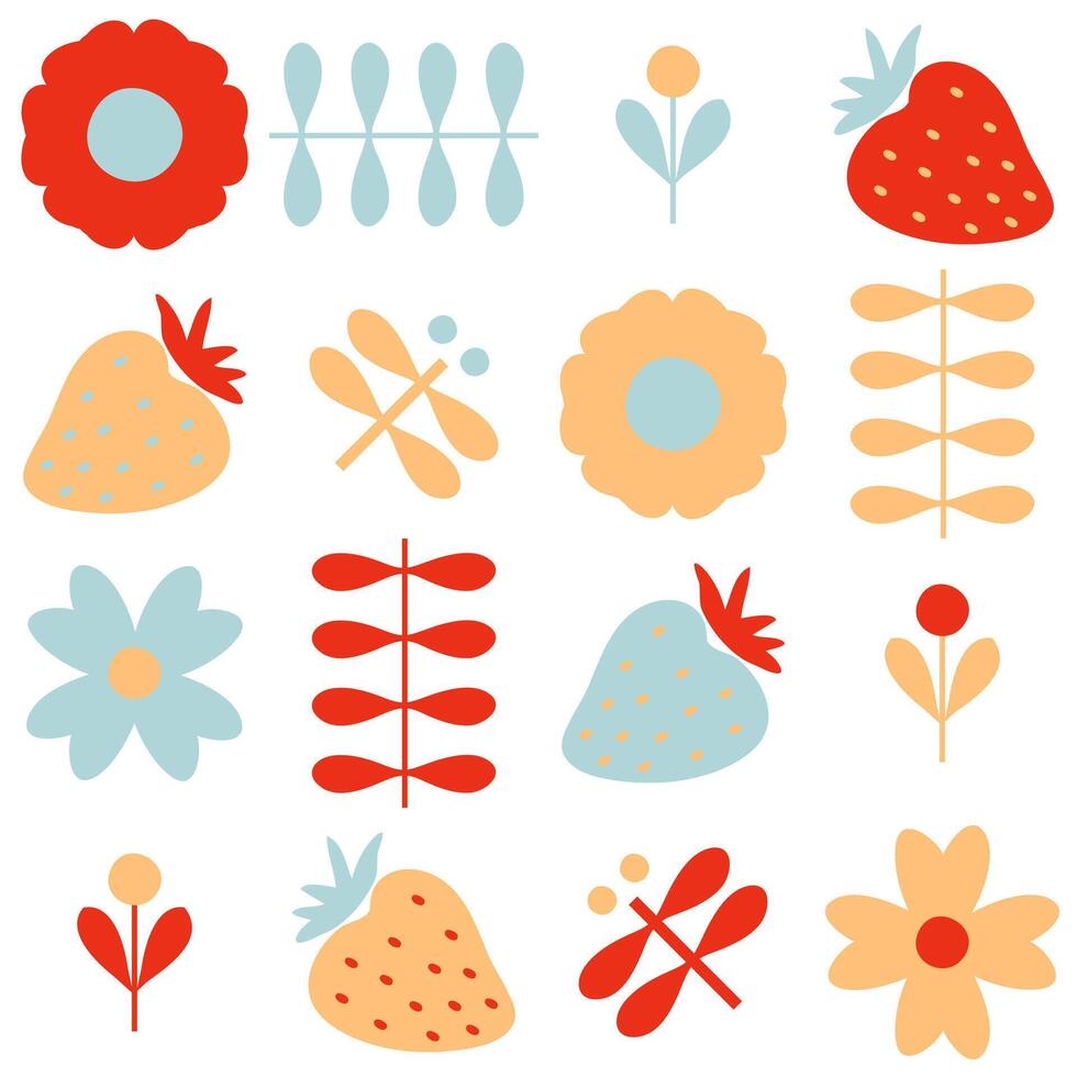 Sommer- Muster mit Blumen, Erdbeeren und Libellen im skandinavisch Stil. ästhetisch drucken zum Papier, Textil- und Stoff. Hand gezeichnet Vektor Hintergrund.