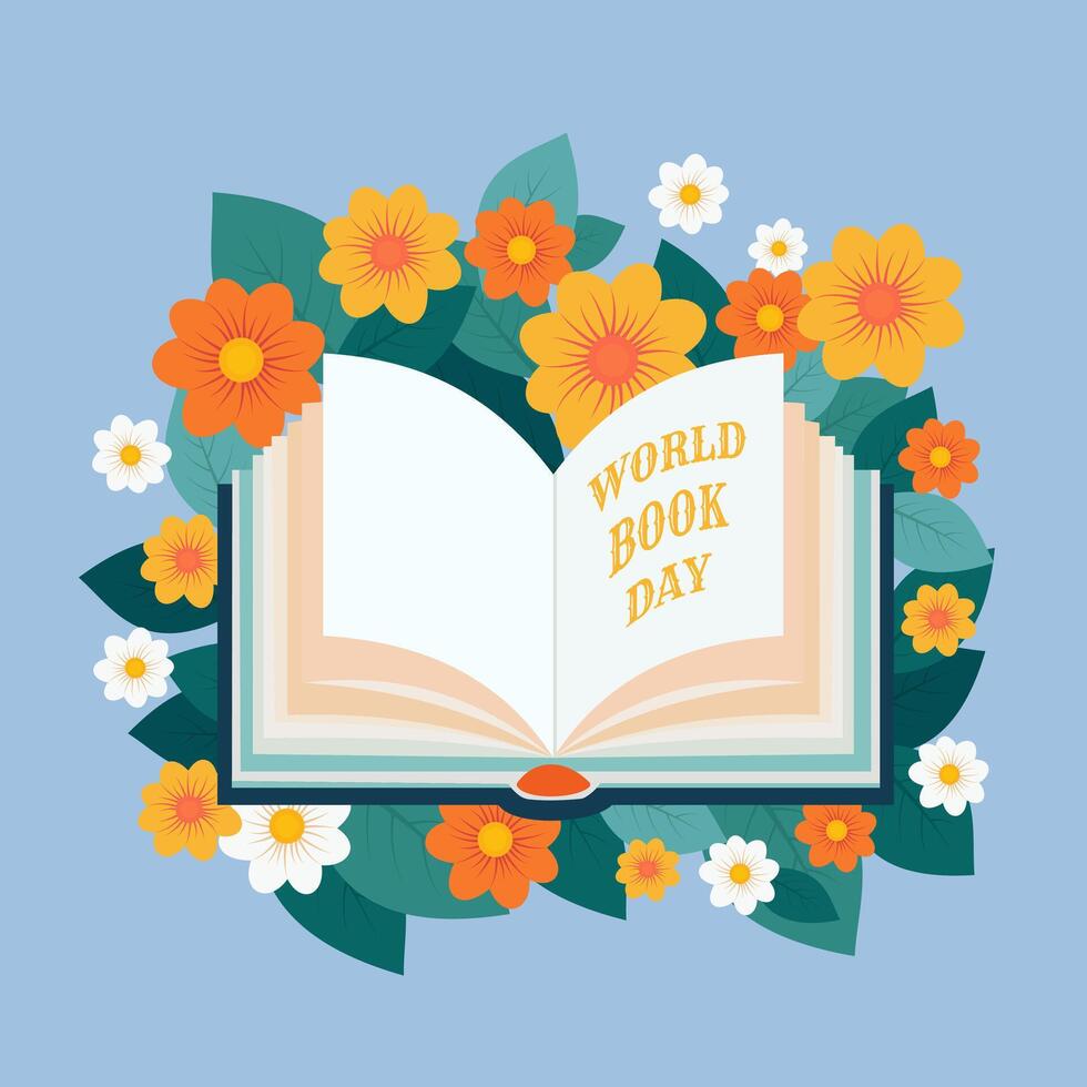 Welt Buch Tag. öffnen Buch mit Blumen. Vektor Illustration