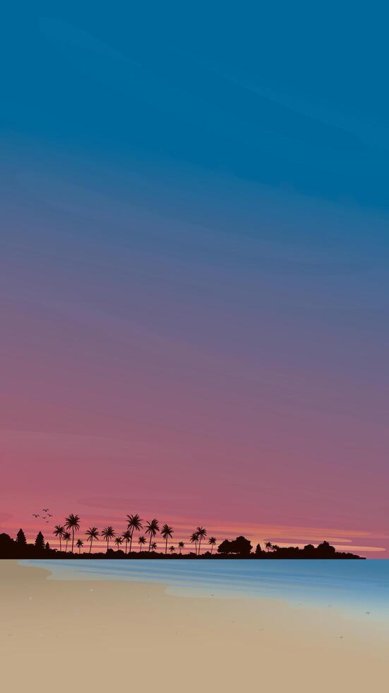 marinmålning solnedgång vertikal form vektor illustration ha tom Plats på de himmel. havet landskap med handflatan träd, hav kust, strand och dramatisk himmel platt design.