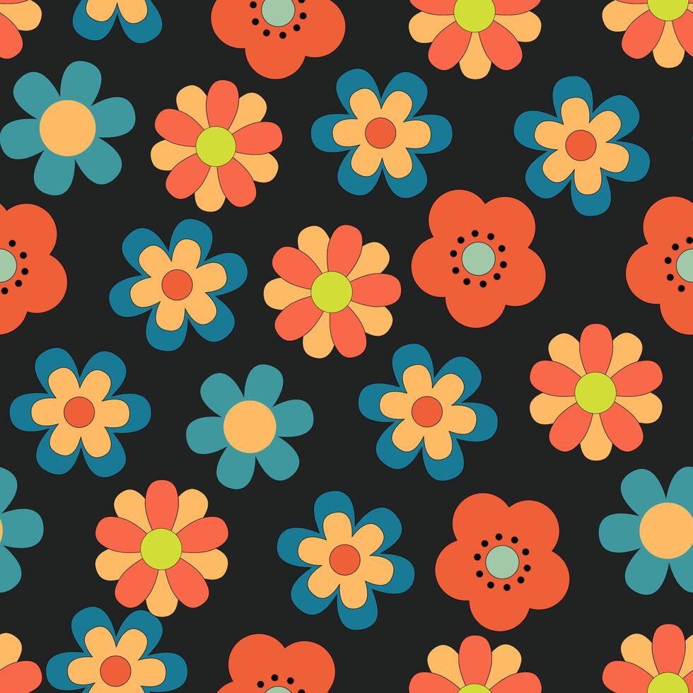 häftig blommig mönster i de stil av de 70s och 80s med daisy blommor på mörk bakgrund vektor